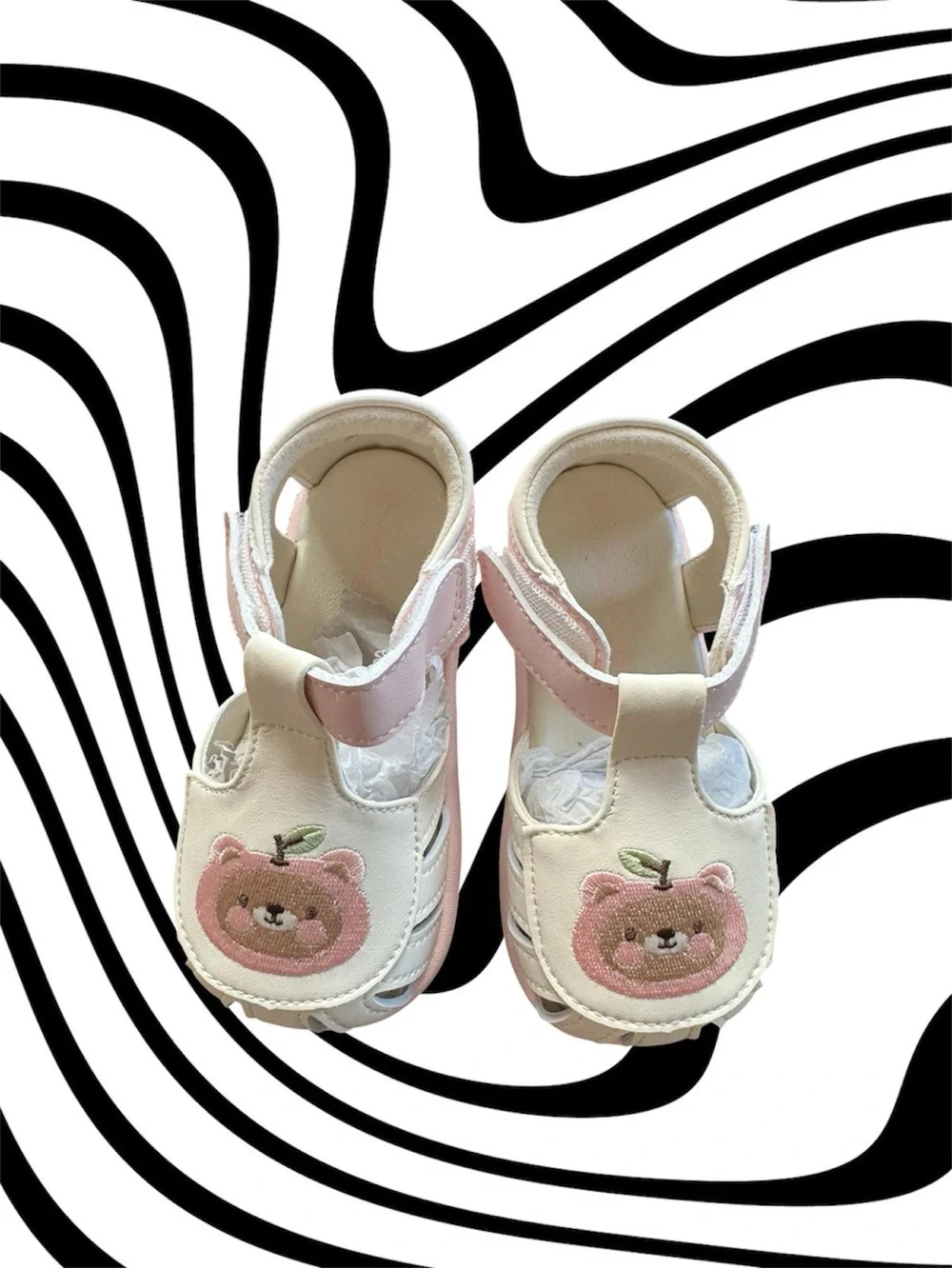 Girls Pink and Cream Closed-Toe Sandals with Cute Bear Patch